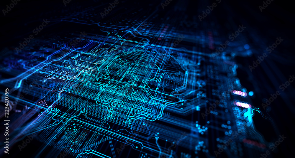 Fototapete Blue technology background/Abstract technological background made of different element printed circuit board and flares. Depth of field effect and bokeh