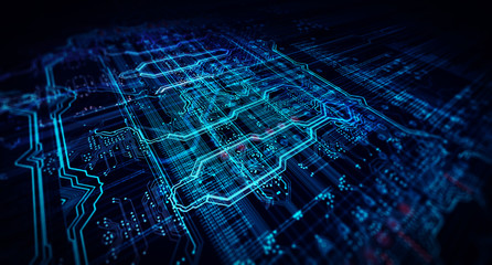 Blue technology background/Abstract technological background made of different element printed circuit board and flares. Depth of field effect and bokeh