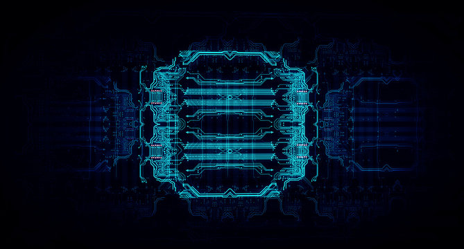 Blue technology background/Abstract technological background made of different element printed circuit board and flares. Depth of field effect and bokeh