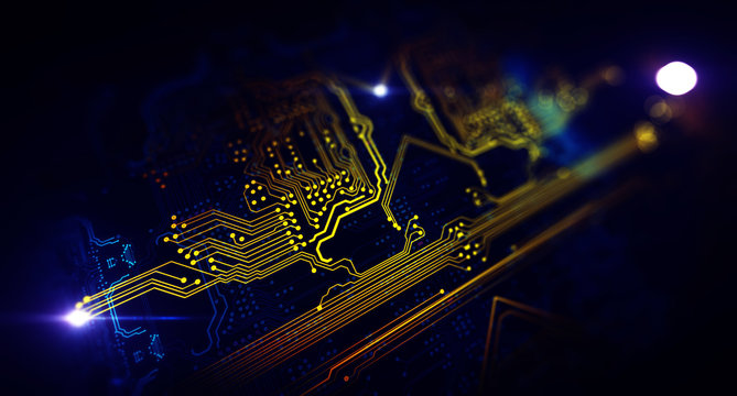 Orange, blue technology background/Abstract technological background made of different element printed circuit board and flares. Depth of field effect and bokeh