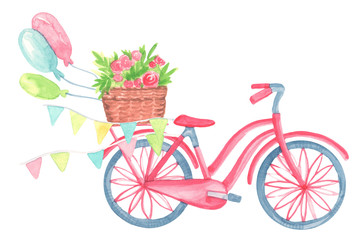 Fototapeta na wymiar template card cartoon watercolor bicycle with a cute basket with flowers, flags, bubbles isolated on white background