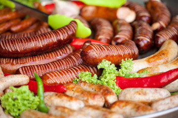 Delicious grilled sausages and Vegetable. Delicious food.