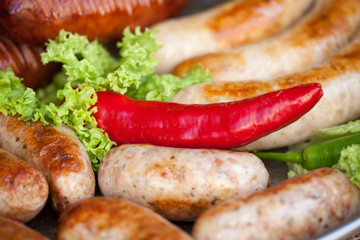 Delicious grilled sausages and Vegetable. Delicious food.