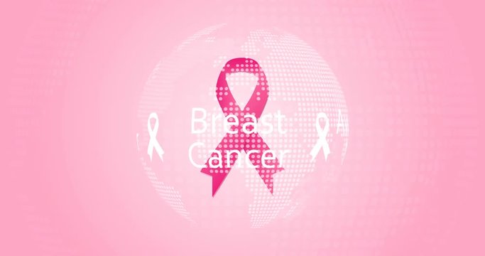 Breast Cancer Awareness Month - october banner. Pale rose gradient background with hot pink silk ribbon inside moving world. Cute modern female motion design. Video map animation. Moving illustration