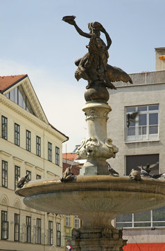 Fountain in front Slovak national theatre in Bratislava. Slovakia