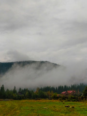 The Carpathian mountains landscape during mist in the autumn season