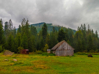 The Carpathian mountains landscape during mist in the autumn season