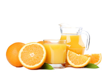 Naklejka na ściany i meble Orange fruit with glass of juice isolated on white background