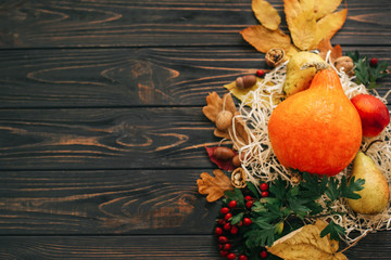 Happy Thanksgiving concept. Beautiful composition of Pumpkin, autumn vegetables with colorful leaves,acorns,nuts, berries on wooden rustic table, flat lay.  Space for text. Fall season