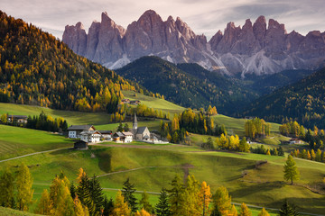 Santa Magdalena Village in Val di Funes with the Odle italian Dolomites group on the background. South Tyrol, Italy