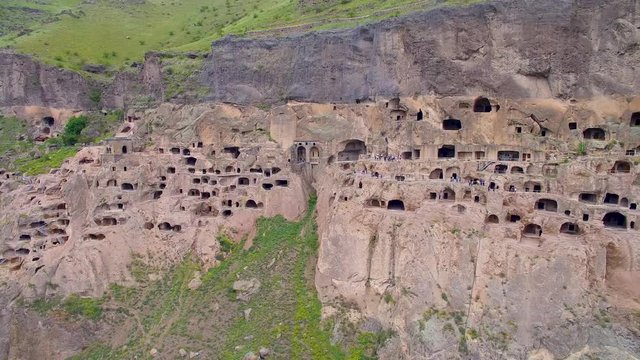 Vardzia cave complex and monastery panorama aerial view