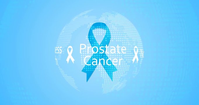Prostate Cancer Awareness Month - November banner. Blue gradient background with bright silk ribbon inside moving Earth. Modern digital male motion design.Video map animation. Moving illustration