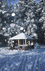 wooden gazebo in forest in the winter snow blizzard