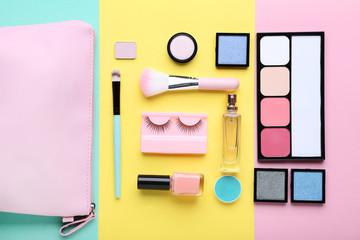 Makeup cosmetics on colorful background