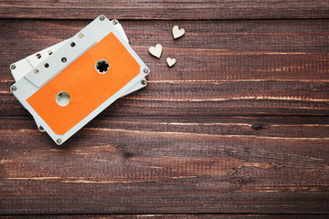 Cassette tape on brown wooden table