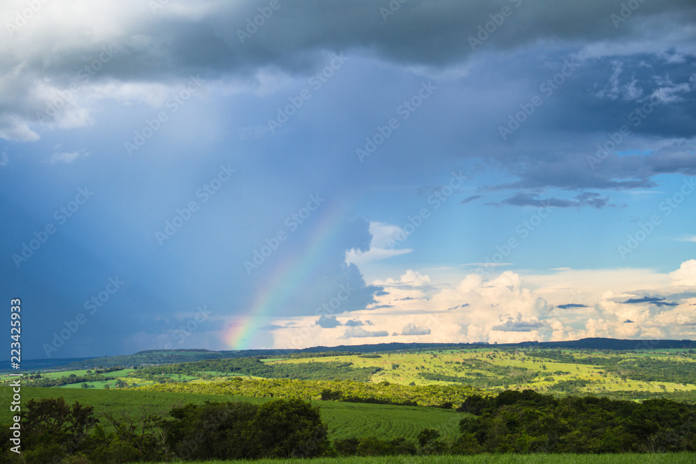 Wall mural rainbow over the field, árco-íris e chuva no campo