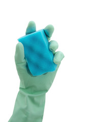 Cleaning conept - hand cleaning glass window pane with detergent and sponge.