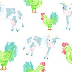seamless pattern watercolor cartoon illustration. countryside. cow, rooster