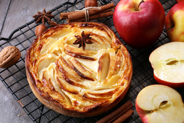 Apple tart. Gourmet traditional holiday apple pie sweet baked dessert food with cinnamon and apples...