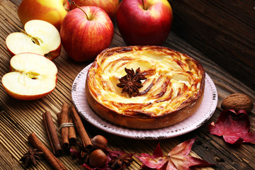 Apple tart. Gourmet traditional holiday apple pie sweet baked dessert food with cinnamon and apples...