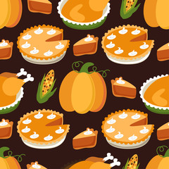 Cute Seamless Pattern with Pumpkin Pie and Turkey