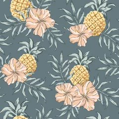 Wall murals Pineapple Tropical pink hibiscus flowers, pineapples, palm leaves, dark gray background. Vector seamless pattern. Jungle illustration. Exotic plants and fruits. Summer beach floral design. Paradise nature