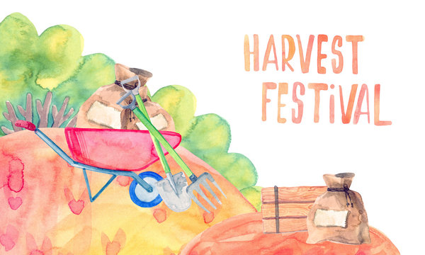 greeting card watercolor cartoon illustration. autumn harvest time. countryside. wheelbarrow with bags