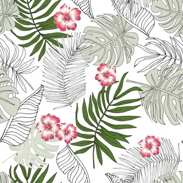 Tropical palm leaves, hibiscus flowers white background. Vector seamless pattern. Jungle foliage illustration. Exotic plants. Summer beach floral design. Paradise nature. Linear graphic