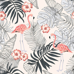Pink flamingo and graphic palm leaves, hibiscus flowers background. Vector floral seamless pattern. Tropical illustration. Exotic plants and birds. Summer beach design. Paradise nature