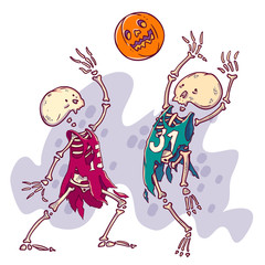Halloween card illustration. Couple of dead basketball player with pumpkin scary ball. - 223429911