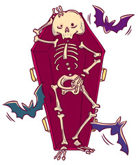 Halloween character. Funny smiling skeleton in coffin in cartoon style. - 223430300