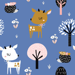 Seamless childish pattern with cute deer, hedgehog in the wood. Creative kids city texture for fabric, wrapping, textile, wallpaper, apparel. Vector illustration