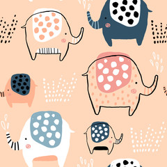 Nahtloses Muster mit niedlichen Tinte gezeichneten Elefanten. Kreative kindliche Textur. Ideal für Stoff, Textil-Vektor-Illustration