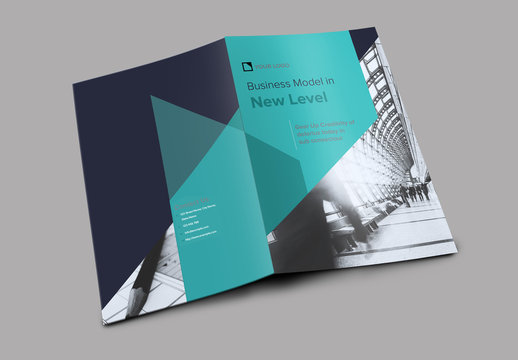 Bifold Brochure Layout with Navy and Teal Accents