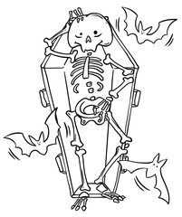 Halloween character. Funny smiling skeleton in coffin in cartoon style. - 223430521