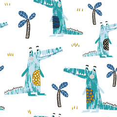 Materiał do szycia Wzór z creative drzew krokodyla i palm. Idealny dla dzieci Odzież, tkaniny, tekstylia, przedszkole dekoracje, papier pakowy. Ilustracja wektorowa