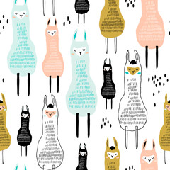Seamless pattern with funny alpaka. Creative hand drawn llama childish texture. Great for fabric, textile Vector Illustration © solodkayamari
