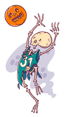 Halloween cartoon style character. Skeleton scary basketball player whith pumpkin ball. - 223430729