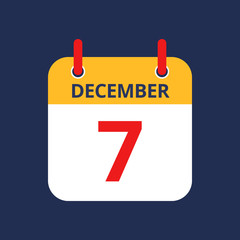 Fototapeta premium Flat icon calendar 7th of December isolated on blue background. Vector illustration.