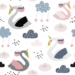 Seamless childish pattern with swan unicorn on white background. Creative nursery texture. Perfect for kids design, fabric, wrapping, wallpaper, textile, apparel