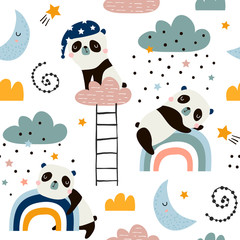Seamless pattern with cute sleeping pandas, moon, rainbows, clouds. Creative good night background. Perfect for kids apparel,fabric, textile, nursery decoration,wrapping paper.Vector Illustration