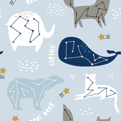 Naadloos kinderachtig patroon met sterrenbeelden op nachtelijke sterrenhemel. Creatieve kindertextuur voor stof, verpakking, textiel, behang, kleding. vector illustratie