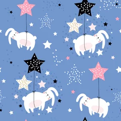  Naadloos kinderachtig patroon met schattige slapende konijnen op sterren ballonnen. Creatieve Scandinavische kinderen textuur voor stof, verpakking, textiel, behang, kleding. vector illustratie © solodkayamari
