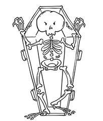 Scary skeleton in coffin in cartoon style. Halloween character. Coloring page - 223431364