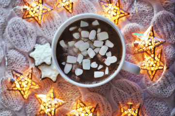 Obraz na płótnie Canvas hot cocoa with marshmallows with lights and cookies