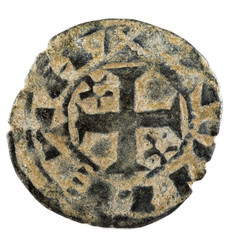 Ancient medieval fleece coin of the King Alfonso VIII. Dinero. Coined in Toledo. Spain. Reverse.