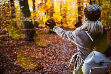 Fototapeta na wymiar Woman throwing autumn leaves into the air. Carefree, happiness concept. Scenic fall park