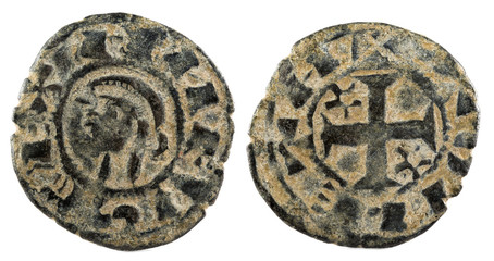 Ancient medieval fleece coin of the King Alfonso VIII. Dinero. Coined in Toledo. Spain.