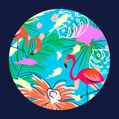 Flamingo vector illustration in a circle. Bright exotic colors plate design.