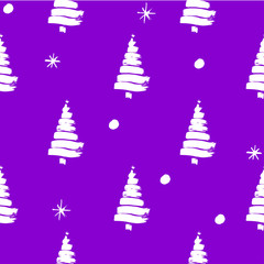 Vector illustration pattern on the winter theme with white background and black silhouette of trees with snowballs and snowflakes on a violet background